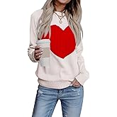 Heart Sweater for Women Valentines Day Gifts for Her Red Sweaters Crewneck Long Sleeve Lightweight Cute Tops