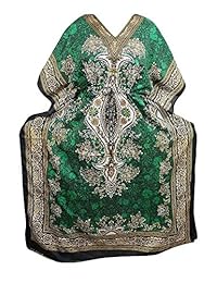 Mogul Women's Green Caftan Dress Dashiki Print House Wear Dresses OSFA