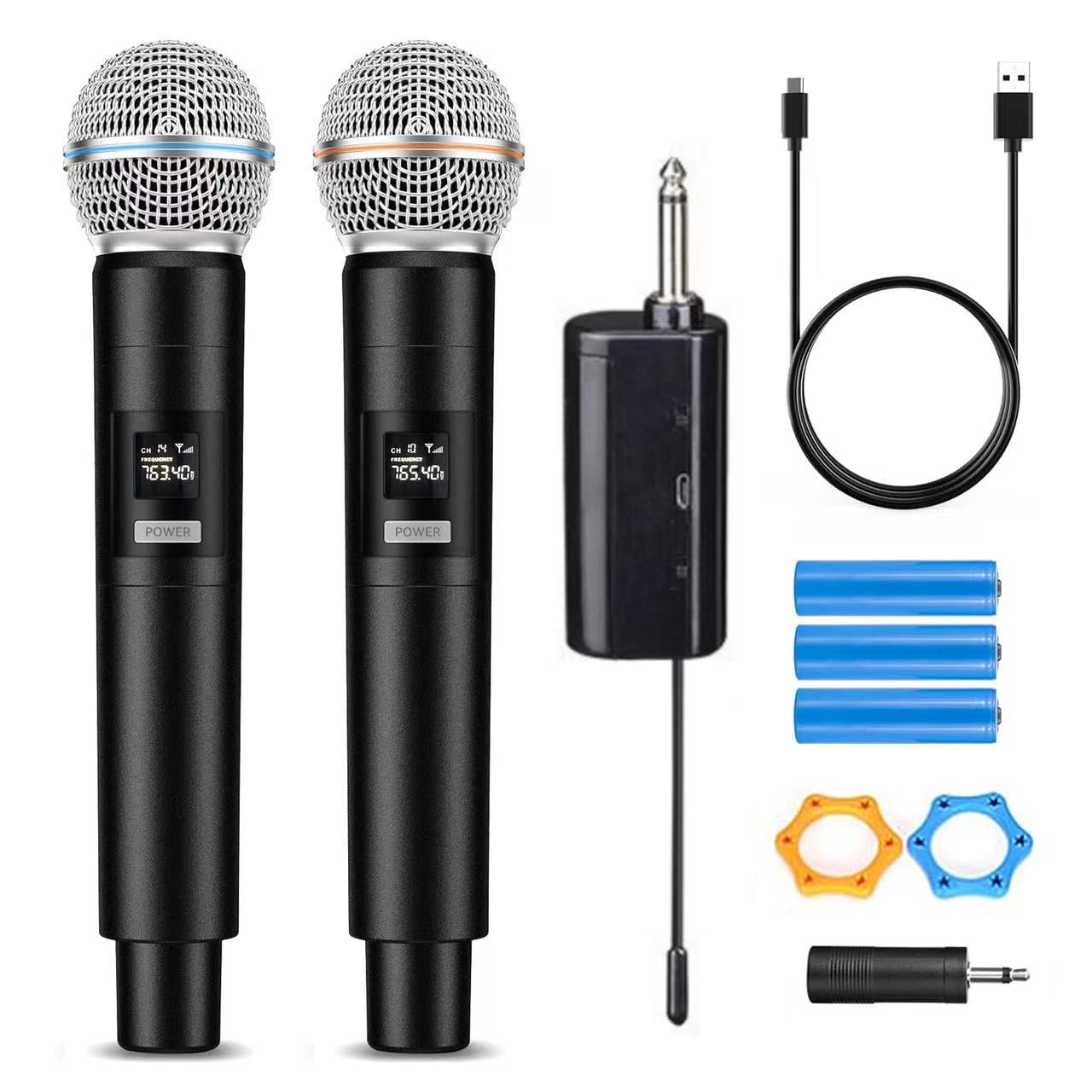 HUACAM Handheld Cordless Metal Dynamic Mic System with Rechargeable Receiver, for Karaoke Singing, Wedding, DJ, Party, (02)
