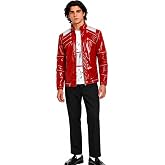 INUMZE 80s Rock Jacket Men Red Faux Patent Leather Jacket for Halloween and Themed Parties