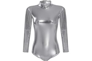 ABAFIP Women Metallic Liquid Shiny Long Sleeve Gymnastic Ballet Dance Leotard Bodysuit Faux Leather Stage Dancewear Costume