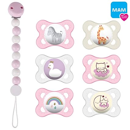 MAM Day & Night'Skin Soft' Silikon Schnuller 0-6 Mädchen // 6er Set // inkl. 3 Sterilisiertrasportboxen // Holz-Schnullerkett