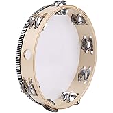 Tosnail 10 Inches Handheld Wooden Tambourine - Double Rows 16 Pairs Jingles