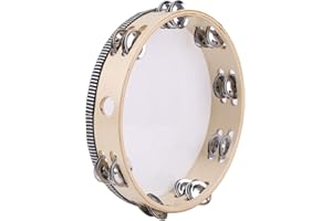 Tosnail 10 Inches Handheld Wooden Tambourine - Double Rows 16 Pairs Jingles