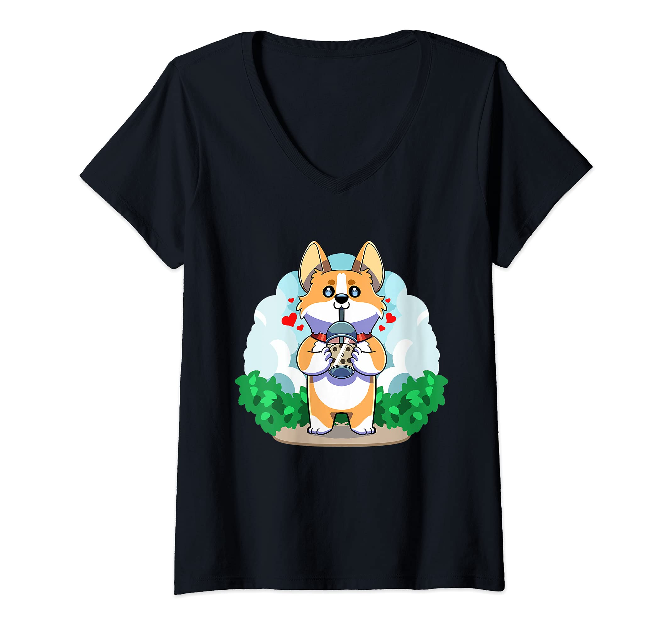 Womens Corgi Boba Bubble Tea Pembroke Welsh Dog Kawaii Puppy Anime V-Neck T-Shirt