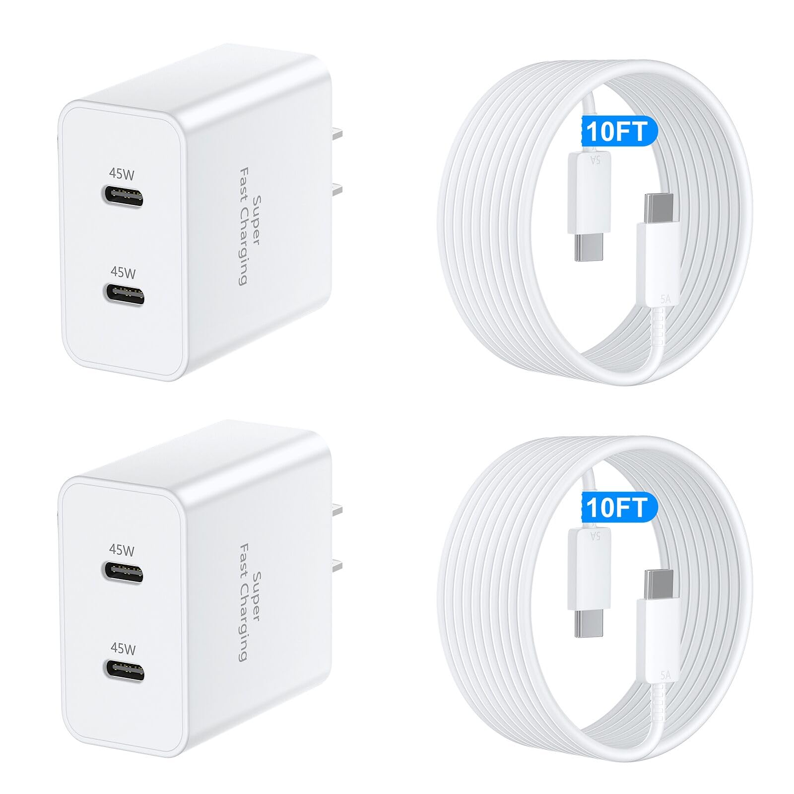 Photo 1 of 45W Samsung Super Fast Charger USB C, Dual Android Phone Charger Type C Chargers Fast Charging Block with 10FT Long USB-C Charging Cable Cord for Samsung Galaxy S25 Ultra/S25+/S25/S24Ultra/S24/-white