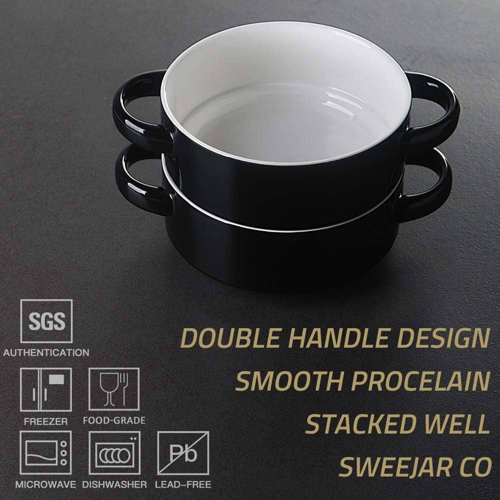  | SWEEJAR Ceramic Soup Bowl with Double Handles, 20 Oz Stacked Bowls for French Onion Soup, Cereal, Pot Pies, Stew, Chill, Pasta, Set of 4 (Black): Soup Bowls