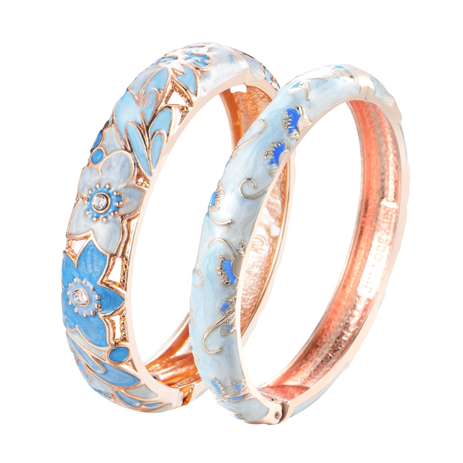 UJOY Enamel Pattern Design Bangle Set for Women Open Cuff Bracelet for Lady 2PCS Light Blue Floral Cheap UK Handmade Jewellery Sets, Lovely Enamel Bangle for Lady Jewellery