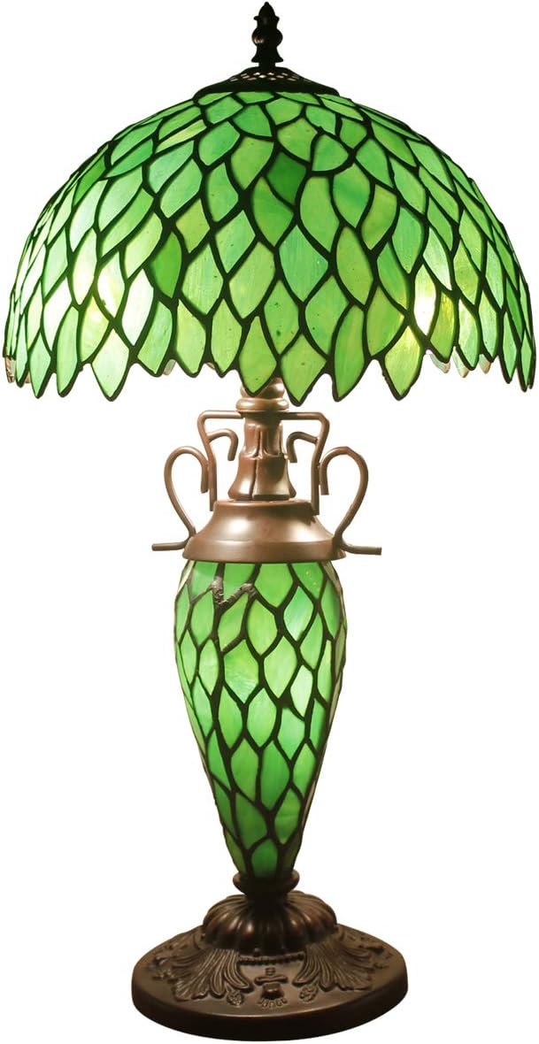 Tiffany Style Rustic Table Lamp with Desk Nightlight Green Wisteria Stained Glass Vintage Base 22" Tall Living Room Bedroom Bedside Nightstand Desktop Home Office Family WERFACTORY Led Bulb Better
