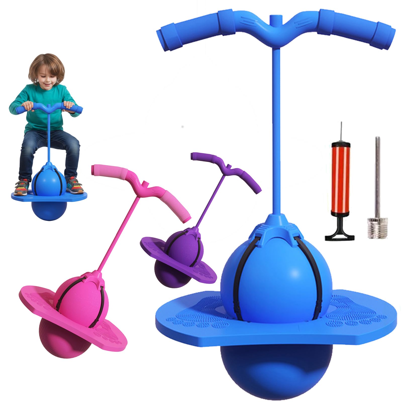 Balance Jumping Ball with Handle and Ball Pump, Jumping Toy for Ages 5+ with Handle, Indoor & Outdoor Fun, Perfect for Balance, Coordination, And Fitness, Boys & Girls (Blue)