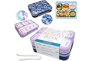 kinsho Bento-Box Lunch-Box Kids, Meal Boxes and Snack Containers for Boys & Girls for School, Includes Utensils, BPA Free (Purple Rainbow Unicorn + Blue Black Camo, 2 Pack Set)