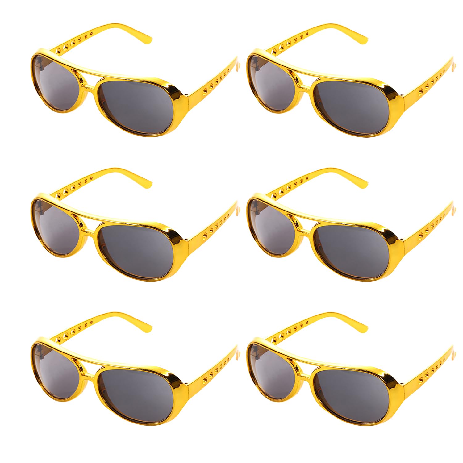 Lezevn 6pcs Gold Elvis Glasses Gold Rockstar Style Glasses 50s Hippie Glasses for Cosplay Costume Halloween Carnival Theme Party
