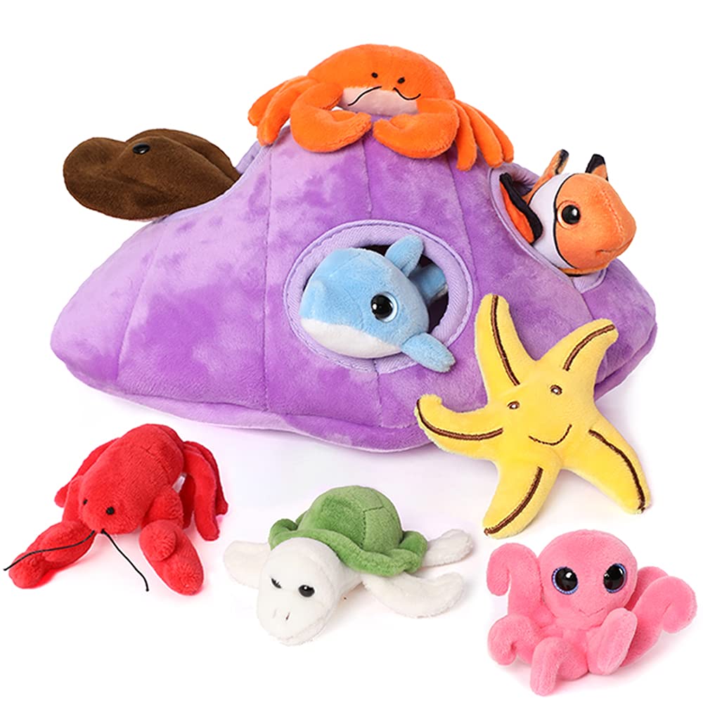 Photo 1 of Muiteiur Plush Soft Ocean Animals Set with Plush Sea Shell House Includes Stuffed Turtle, Lobster, Crab, Dolphin, Devil Fish, Octopus, Starfish, Clownfish (Multicolor,8 Piece)