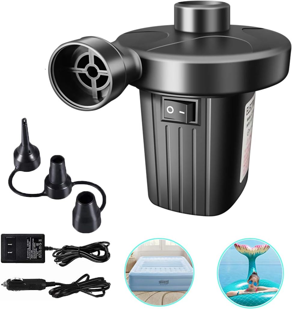 Focusky Electric Air Pump,Portable Quick-Fill Air Pump with 3 Nozzles,110V AC/12V DC, Perfect Inflator/Deflator Pumps for Pool Floats,Kayak, Inflatable Cushions, Air Mattress Beds, Swimming Ring: Sports & Outdoors