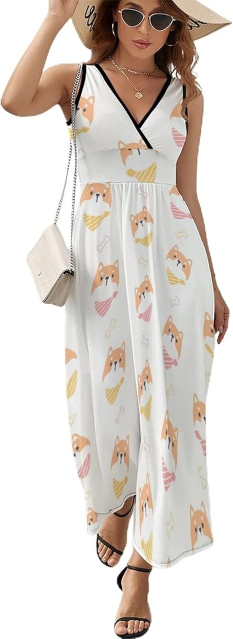 Amazon Co Jp ドレスワンピース Sleeveless Dress マキシ丈 Vネック 動物柄 アニマル柄 柴犬 犬柄 ノースリーブ 夏 ワンピース 夏スカート エレガント セクシー スタンダードフィット レディース リゾート ロング 大きいサイズ S 2xl ホーム キッチン