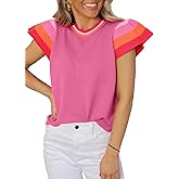 SHEWIN Womens Color Block Tops Casual Crewneck Short Sleeve Pullover Sweater Knit Lightweight Beach Vacation Clothes