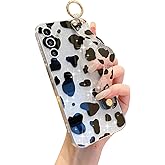 YOUWUMA for Samsung Galaxy A15 5G Case with Wrist Strap Kickstand Cute Glitter Cartoon Camera Lens Protector Shockproof Protective Cover for Women Girls (Cow)