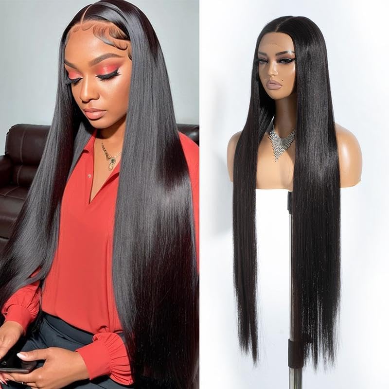 Style Icon Super Long Straight Lace Front Wig 38 Inches Long Wig for Women Synthetic Lace Front Wig Middle Part Lace Wig Pre Plucked with Baby Hair Heat Resistant Fiber (1B)