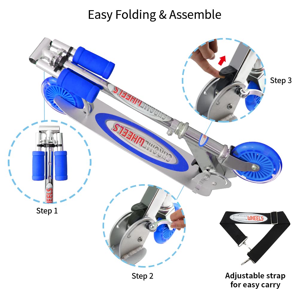 ChromeWheels Kick Scooter for Kids, Deluxe 2 Light Up Wheels 4 Adjustable Height with Kickstand, Best Gift for Age 5 up Kids Girls Boys, 132lb Weight Limit