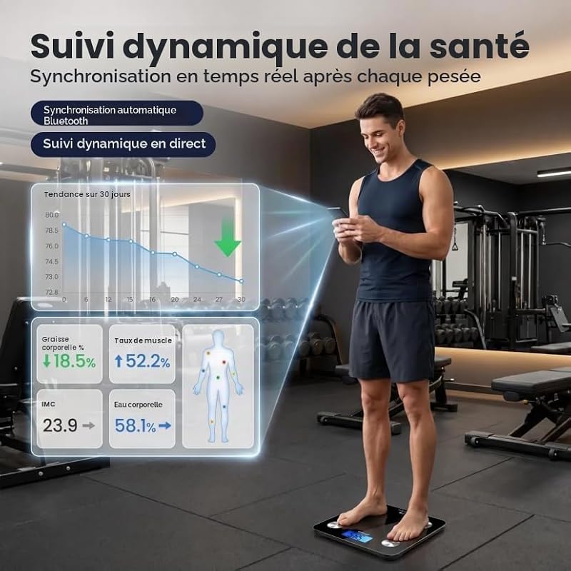 HFitness Balance Pèse-Personne Connectée 28×28 cm avec 19 Mesures Corporelles, Impédancemètre Bluetooth avec Application, IMC, Graisse Corporelle, Masse noire Musculaire et Masse Osseuse