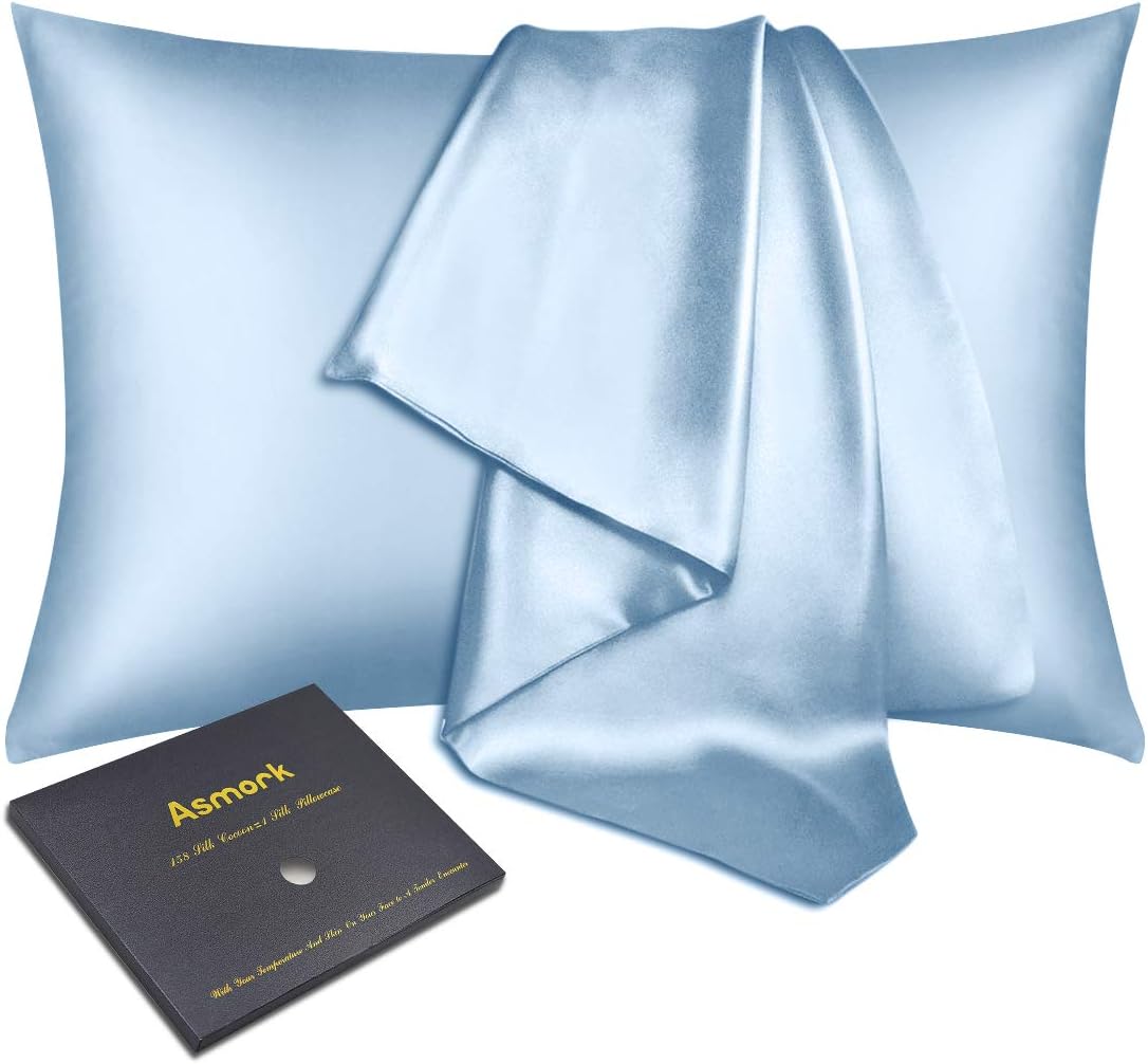 Asmork 100% Mulberry Silk Pillowcase for Hair and Skin, Both Side 22mm Natural Silk Pillowcase Cover, Hidden Zipper, Comfortable & Luxury, 1PC (Light Blue, Standard 20''×26''): Kitchen & Dining