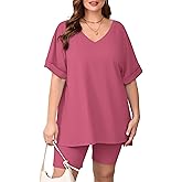 AusLook Women's Plus Size 2 Piece Short Outfits Set Short Sleeve Tops and Shorts Pants Sleepwear Lounge Pajamas Matching Set