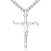 Esrial Cross Necklace for Men, Stainless Steel Jesus Crucifix Nail Pendant 18+2" Black Gold Silver Necklace Christian Baptism Confirmation Religious Gifts for Men