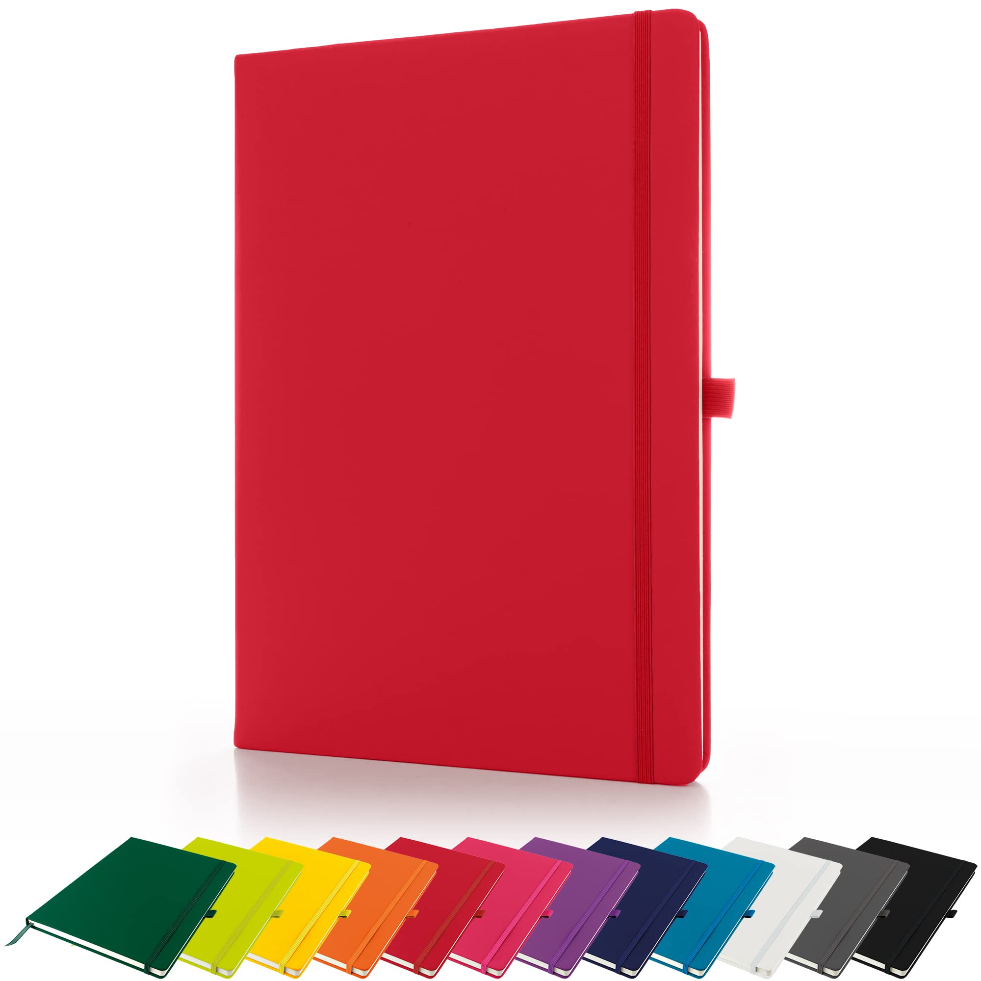 Savvy Bee Premium A4 Notebook New Lined Hardback Journal with Pen Loop,196 Page, Elastic Closure and Ribbon Marker Notepad Note Book Notes Pad (Red)