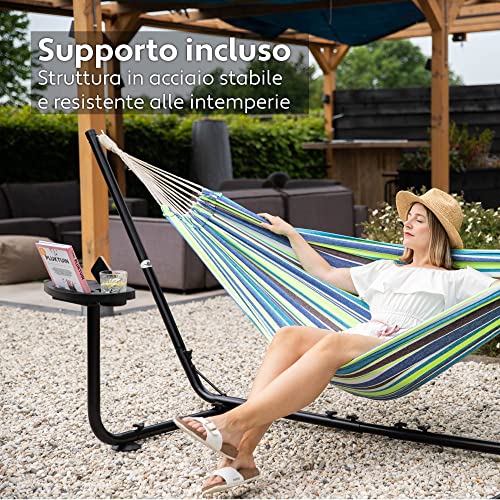Vita5 Hammock with Stand - Adjustable Frame 290-330cm - Large 80% Cotton 20% Polyester Hammock for Garden, Patio, Balcony and Camping - Portable with Carry Bag