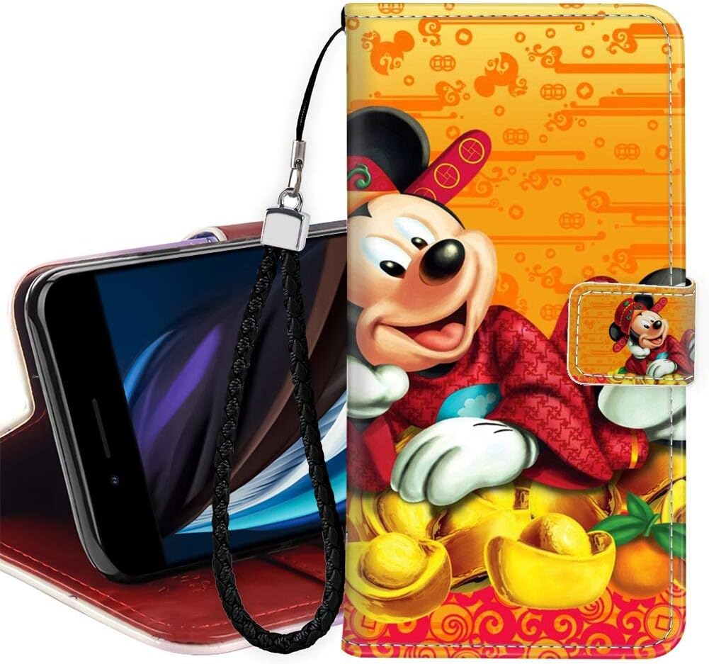 DISNEY COLLECTION iPhone SE PU Leather Wallet Case Mickey Mouse Posters Free Download Fold Flip Case with Magnetic Snap Card/Cash Slots Kickstand Wrist Strap Fold