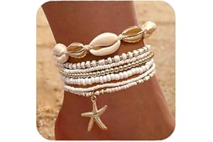 Nanafast Beaded Boho Anklets for Women, Beachy Shell Anklets for Women, Puka Shell & Starfish Charms Beach Jewelry Adjustable