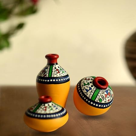 ExclusiveLane Terracotta Warli Hand-Painted Home Decorative Miniature Small Pots Set (9.4 cm x 9.4 cm x 8.9 cm, Yellow, Set of 3 Mini Pots)