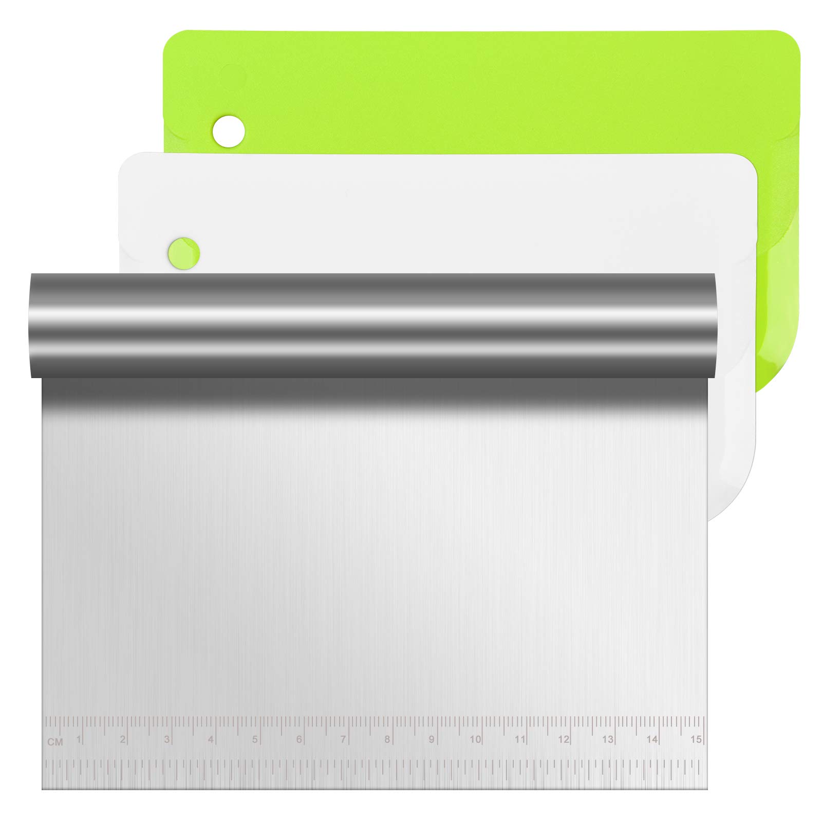 Vicloon Dough Scraper Cutter, 3 Pcs Stainless Steel Dough Scraper with Handle and Measuring Scale Plastic Shape Spatulas Flexible Dough Cutter for Pizza Pastry Bread Baking Cream Smoother