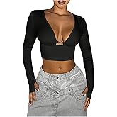 SOLY HUX Women's Y2k Tie Backless Crop Top Cut Out Deep V Neck Long Sleeve Party Club T Shirts
