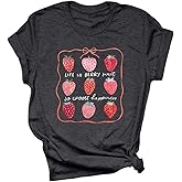 JINTING Strawberry Shirt for Women Cute Pink Graphic Tee Girls Fruit Lovers Shirts Garden Casual Summer Tee Tops
