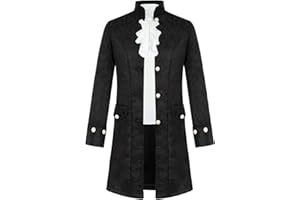 OUMBIVIL Medieval Costume Men Steampunk Jacket Pirate Viking Renaissance Long Frock Coat with Victorian Ruffle Tuxedo Shirt