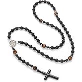 Tiger Eye Cross Necklace for Men, Obsidian Necklace, Hematite Cross Pendant Lava Rock Rosary Healing Crystal Necklaces