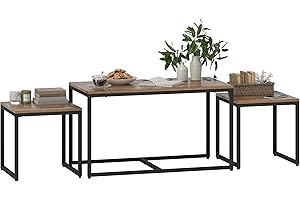 HOMCOM Nesting Coffee Table Set of 3, Modern End Tables with Black Metal Frame for Living Room Home Furniture, Brown Wood Gra