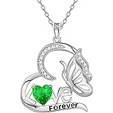 Aurora Tears Birthstone Love Heart Butterfly Pendant Necklace - 925 Sterling Silver Firework-Cut Cubic Zirconia Love Forever Necklace Anniversary Birthday Jewelry Gift for Women Wife Mom Daughter