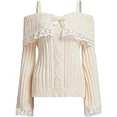 Women Off Shoulder Sweater Top Y2K Aesthetic Long Sleeve Lace Trim Knit Pullover Sweater Cutecore Kawaii Clothes