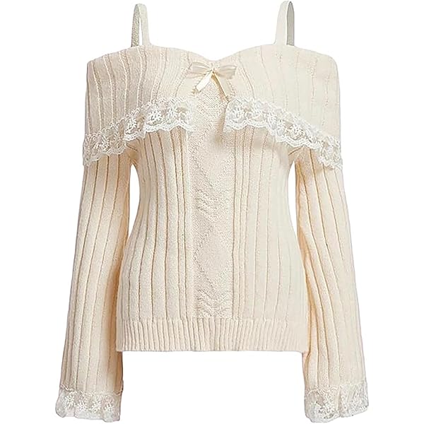 Women Y2K Off Shoulder Top Sweater Long Sleeve Lace Trim Knitted
