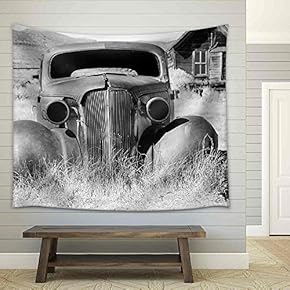 Old Abandoned Car in Black and White Has Seen Better Days - Fabric Wall Tapestry Home Decor - 51x60 inches