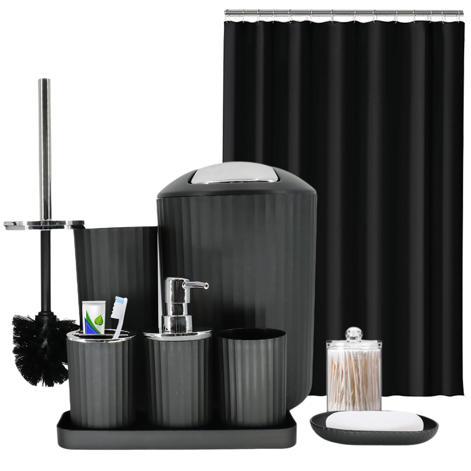 View 1 of *MISSING PARTS*
Black Bathroom Accessories Set, 9-Piece Bathroom Accessory Sets Complete with Trash Can, Shower Curtain, Vanity Tray, Soap Dispenser, Soap Dish, Toothbrush Holder, Toothbrush Cup and Toilet Brush