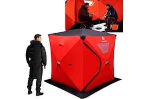 FUNHORUN Ice Fishing Shelter with Removable Floor Mat, 1-2 Person Pop Up 300D Ice Fishing Tent, 58 Inch Portable Hub-Style Shanty with Anchors, Ropes and Carrying Bag, Non-Insulated