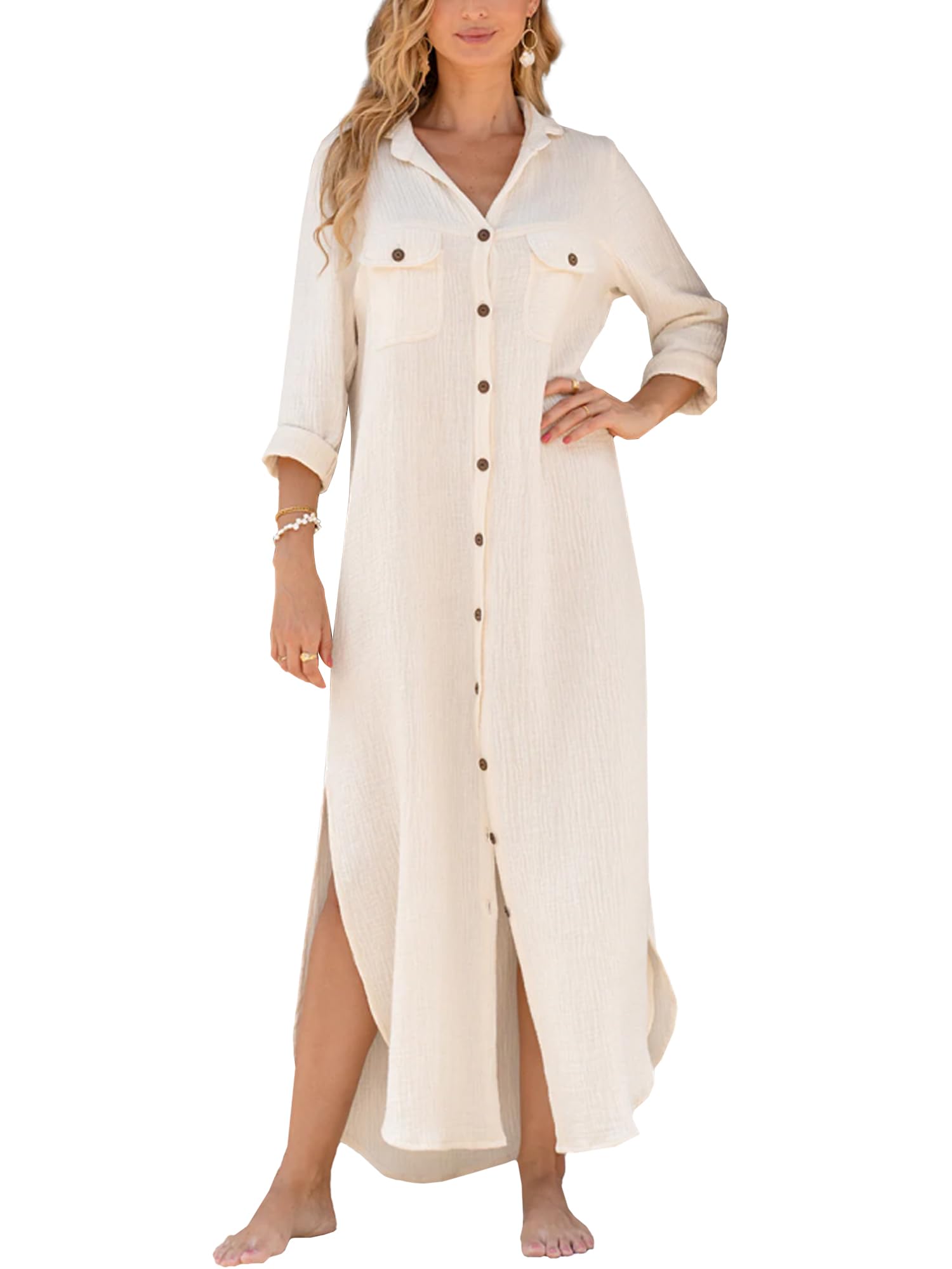 Photo 1 of Breezy Lane Beach Cover Up for Women Long Cotton Shirt Dress Swimsuit Coverup for Vacation
