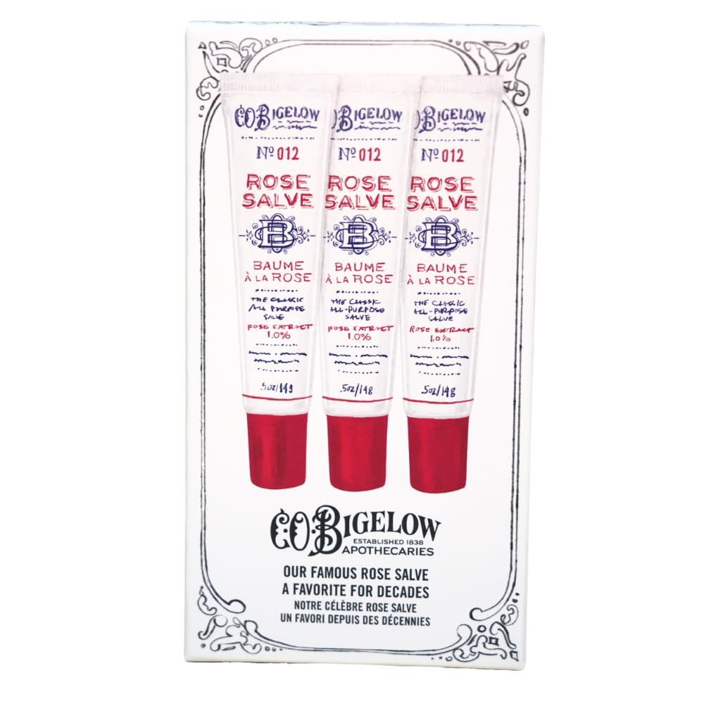C.O. Bigelow Rose Salve Tubes, Pack of 3 Lip Balm Tubes, All Purpose Salve for Lips, Cuticles, Hands & Dry Skin, Lip Balm Set, 0.5 oz