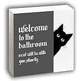 Udinaz Funny Black Cat Bathroom Decor Wooden Box Sign, Welcome to the Bathroom a Cat Will Be with Wood Block Sign Decorations for Toilet Guest Bath Shelf Table Decor, 5x5 Inch