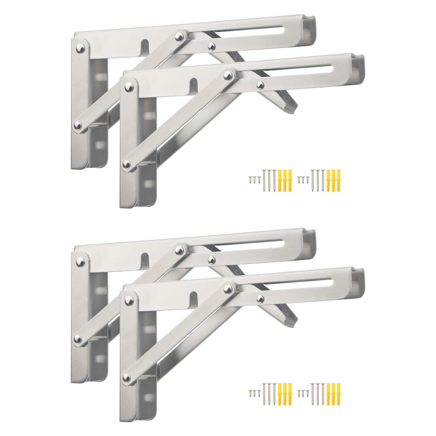 Pxyelec Heavy Duty Stainless Steel Wall Shelf Support Bracket, 8 inches Silver Triangle Folding Shelf Bracket for Space-Saving DIY Workbench with Install Screws, Pack of 4