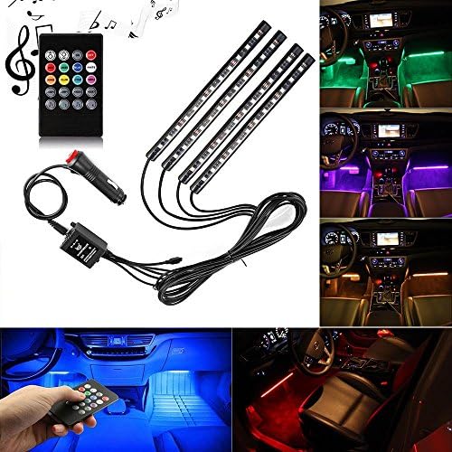 EZiView Car LED Strip Light, 4pcs 48 LED Multicolor Music Car Interior Light LED Under Dash Lighting Waterproof Glow Neon Decoration Lamp With Wireless Remote Control, Car Charger Included(DC 12V)