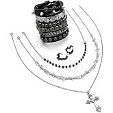 3 Pack Punk Gothic Jewelry Set, Y2K Emo Grunge Accessories for Women & Men | 4 Pcs Stackable Punk Studded Bracelets, 3-Layer Gothic Cross Necklace, Black Heart Earrings, Rock Outfit Accessories Gift